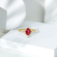 Oval Cut Created Ruby Solitaire Cocktail Ring with Diamond
