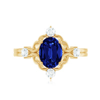 6X8 mm Oval Cut Lab Grown Blue Sapphire Oblong Engagement Ring with Diamond