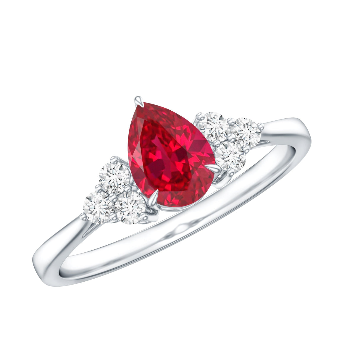 Pear Shaped Lab Ruby Engagement Ring with Diamond Trio