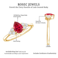 Pear Shaped Lab Ruby Engagement Ring with Diamond Trio