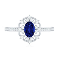 Vintage Style Created Blue Sapphire and Diamond Flower Engagement Ring