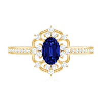 Vintage Style Created Blue Sapphire and Diamond Flower Engagement Ring
