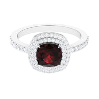 Natural 8mm Cushion Cut Garnet Diamond Double Halo Engagement Ring
