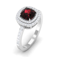 Natural 8mm Cushion Cut Garnet Diamond Double Halo Engagement Ring