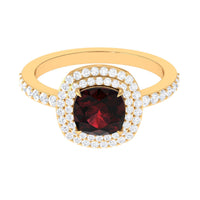 Natural 8mm Cushion Cut Garnet Diamond Double Halo Engagement Ring