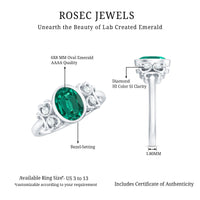 Certified Bezel Set Lab Grown Emerald Antique Looking Engagement Ring with Diamond