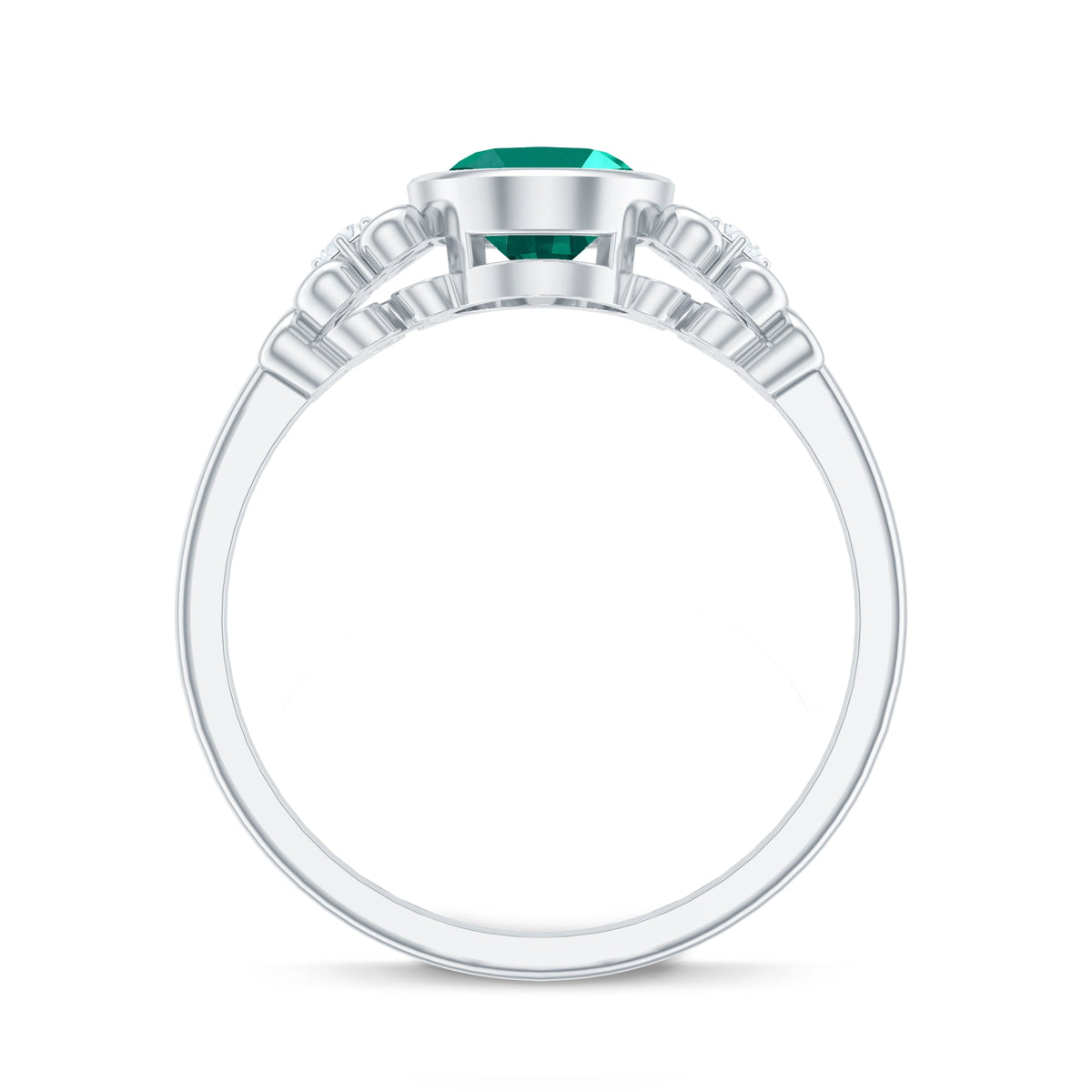 Certified Bezel Set Lab Grown Emerald Antique Looking Engagement Ring with Diamond