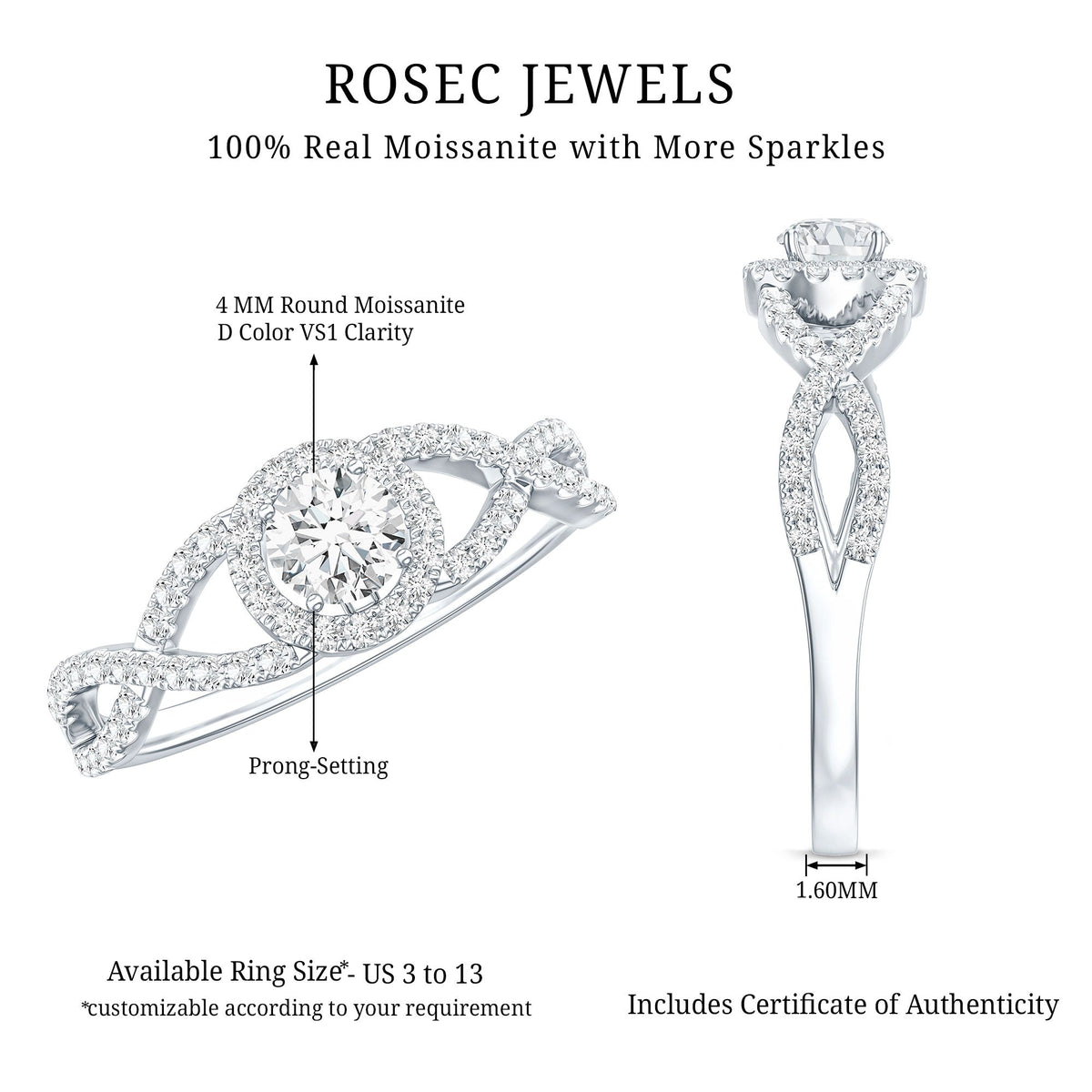 Round Shape Moissanite Crossover Engagement Ring for Women