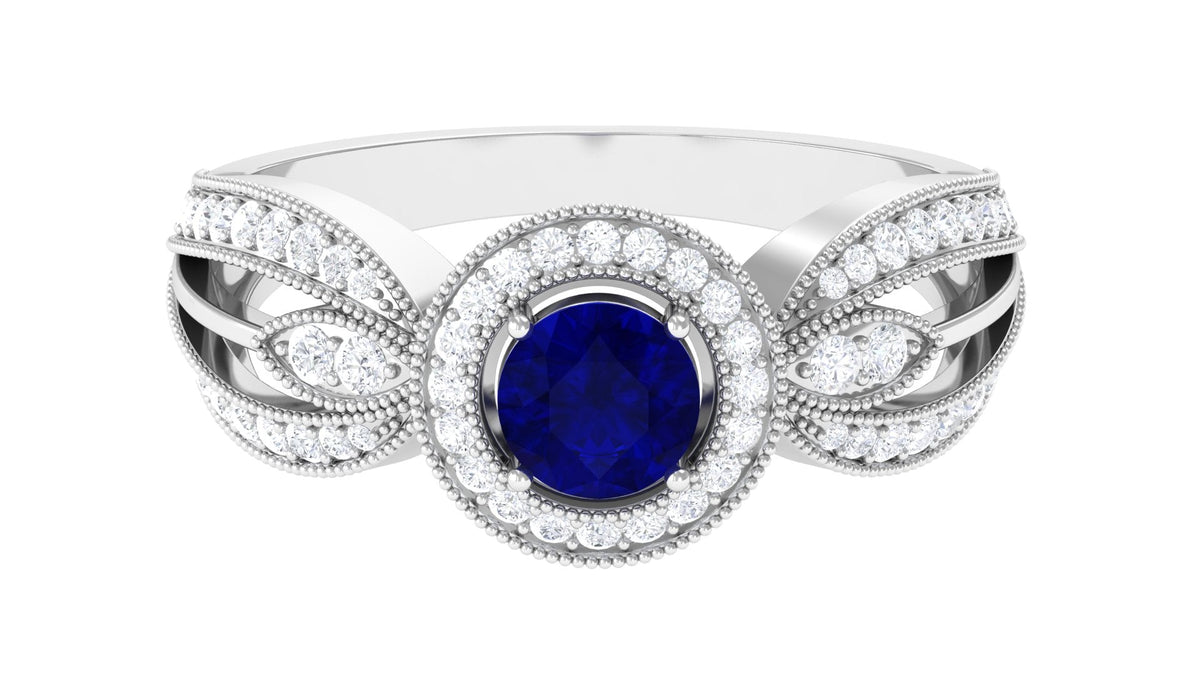 Vintage Inspired Blue Sapphire Engagement Ring with Diamond Split Shank