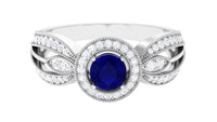 Vintage Inspired Blue Sapphire Engagement Ring with Diamond Split Shank