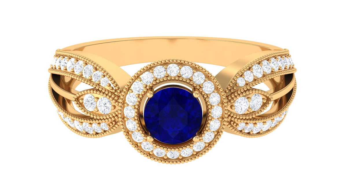 Vintage Inspired Blue Sapphire Engagement Ring with Diamond Split Shank