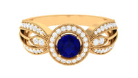 Vintage Inspired Blue Sapphire Engagement Ring with Diamond Split Shank