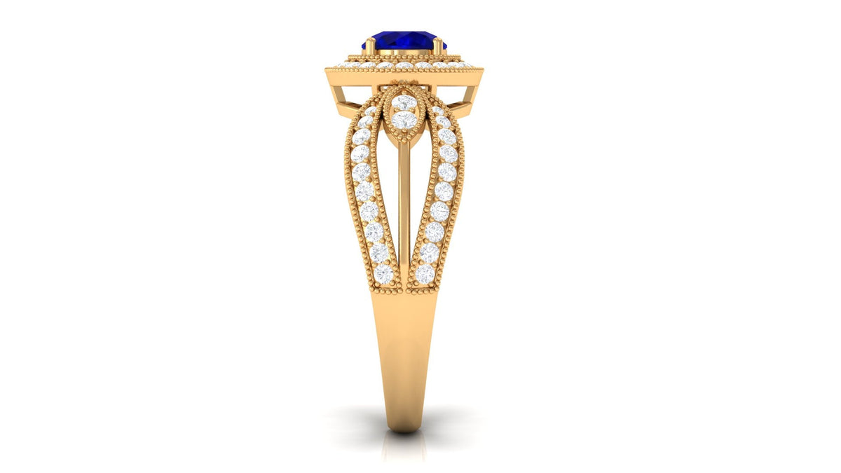 Vintage Inspired Blue Sapphire Engagement Ring with Diamond Split Shank