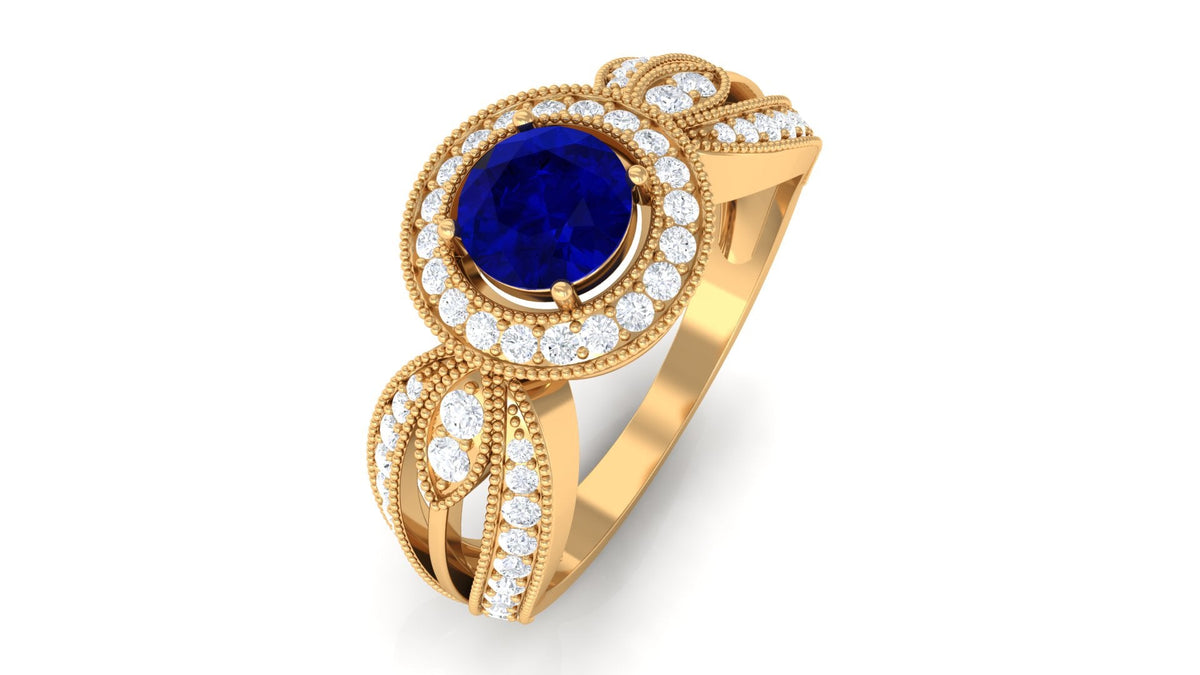 Vintage Inspired Blue Sapphire Engagement Ring with Diamond Split Shank