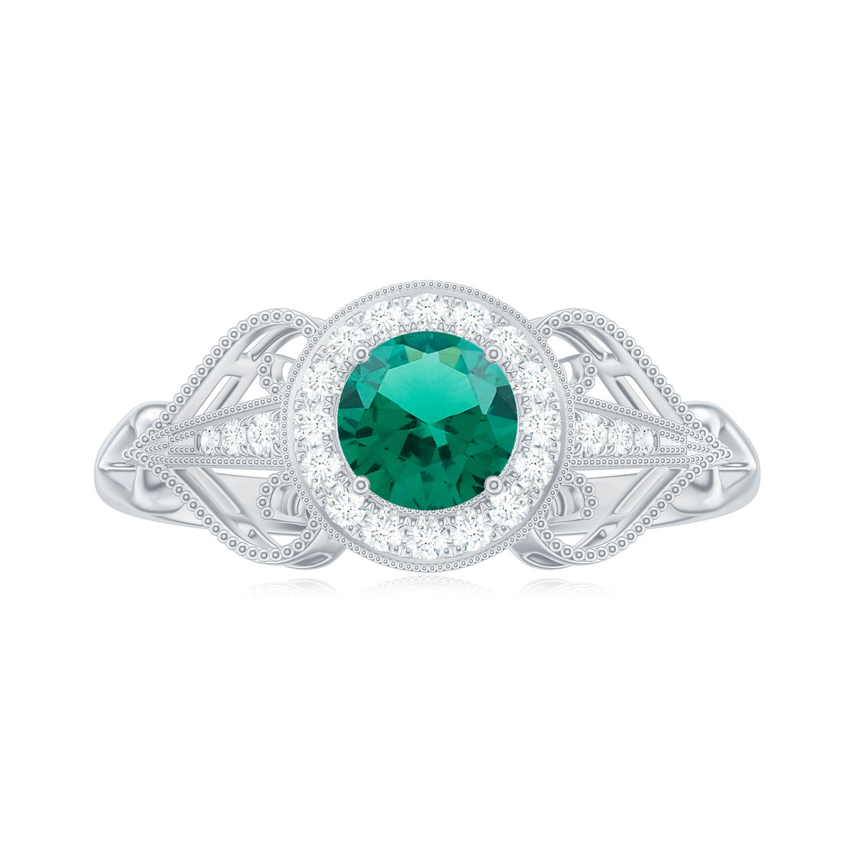 Certified Lab Grown Emerald Vintage Looking Engagement Ring with Diamond