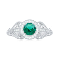 Certified Lab Grown Emerald Vintage Looking Engagement Ring with Diamond