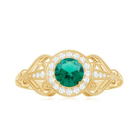 Certified Lab Grown Emerald Vintage Looking Engagement Ring with Diamond