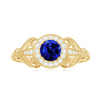 Certified 0.6 Carat Lab Grown Blue Sapphire Retro Engagement Ring with Diamond