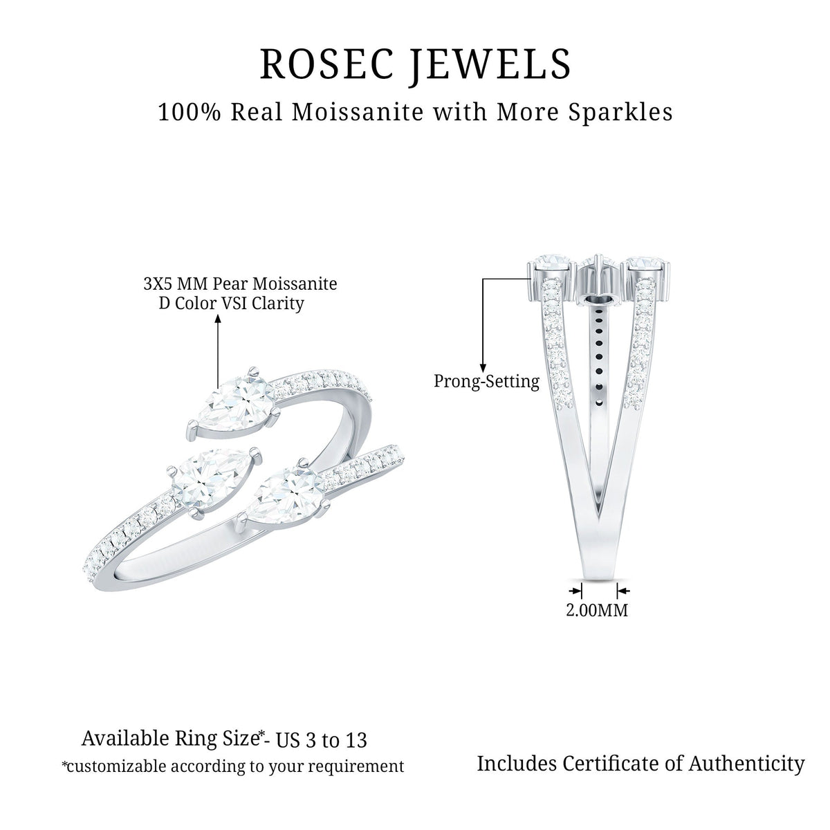 East West Style Moissanite 3 Stone Wrap Ring