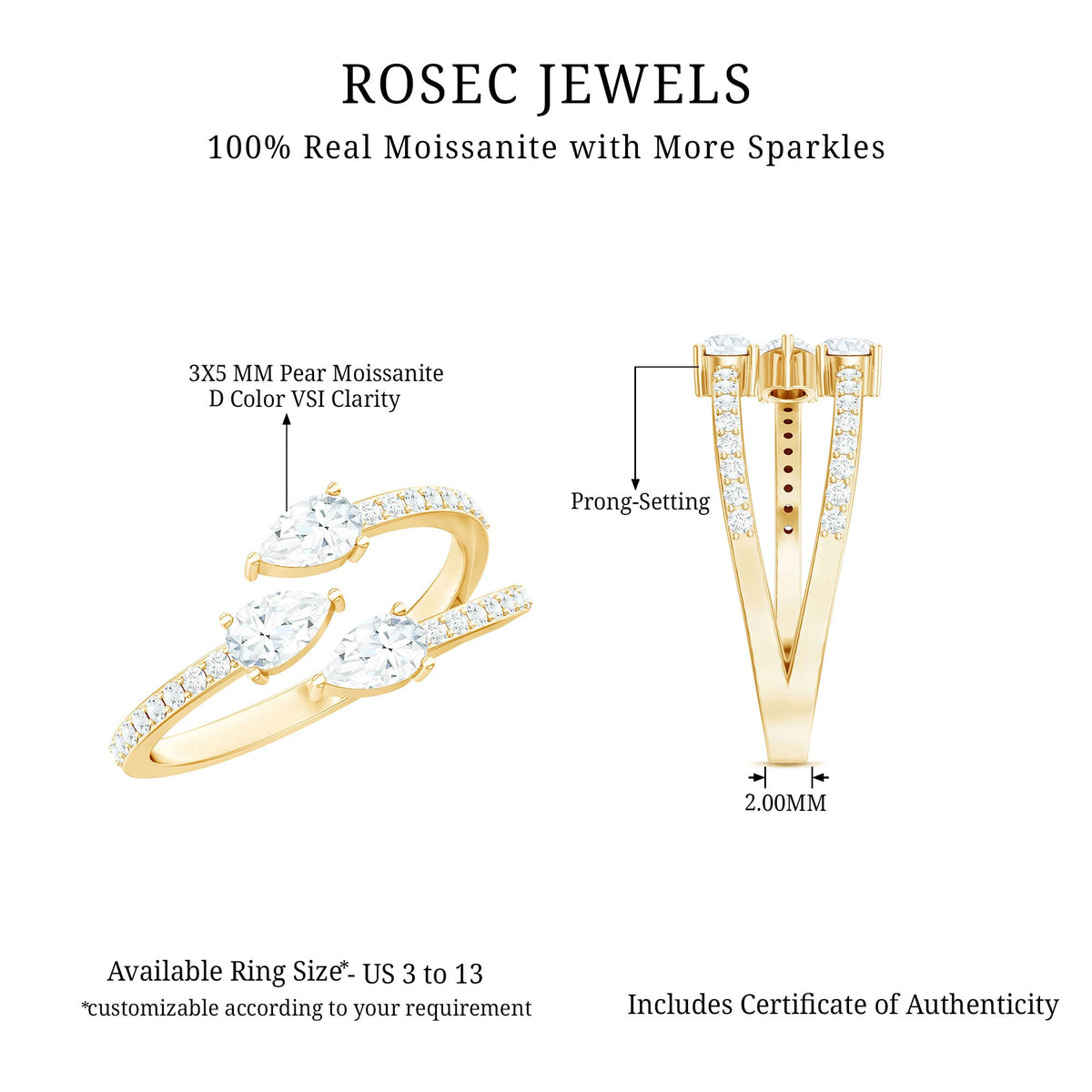 East West Style Moissanite 3 Stone Wrap Ring