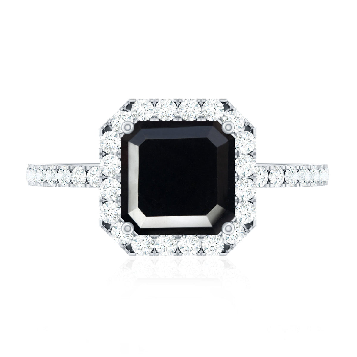 Certified Asscher Cut Black Onyx and Diamond Engagement Ring