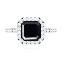 Certified Asscher Cut Black Onyx and Diamond Engagement Ring