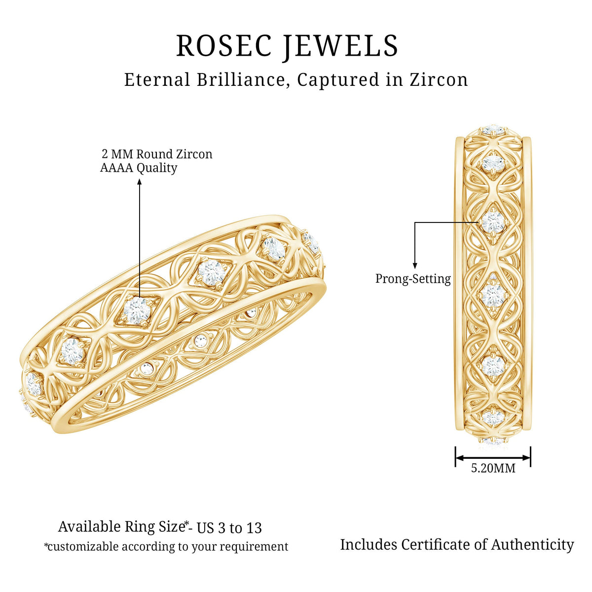 Vintage Inspired Zircon Celtic Knot Full Eternity Band Ring in Gold