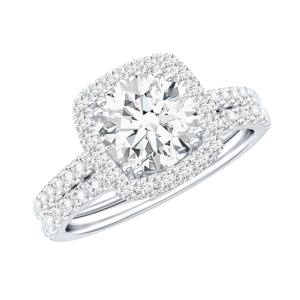 Silver 2 Carat Cubic Zirconia engagement ring with matching wedding band, featuring sparkling stones and intricate detailing.
