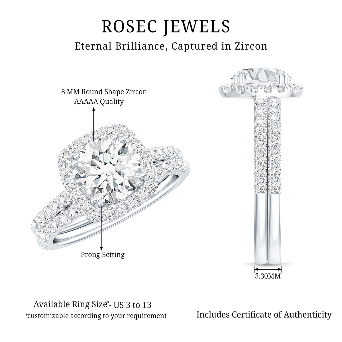 Silver cubic zirconia engagement ring with wedding band, featuring a 2-carat center stone and detailed band design.