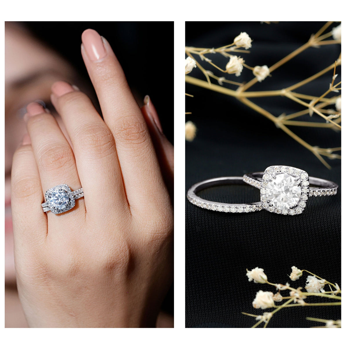 Two-carat cubic zirconia engagement ring with matching wedding band in silver, featuring sparkling stones and intricate band design.