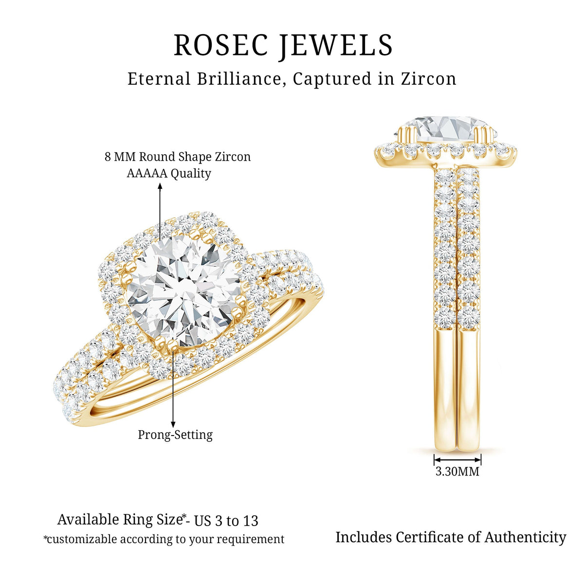 3 CT Round Cubic Zirconia Wedding Ring Set For Bride