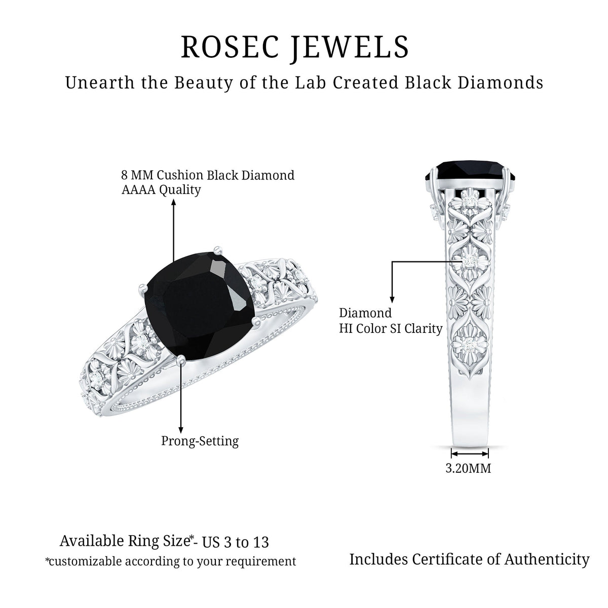 Cushion Cut 2.8 Carat Lab Grown Black Diamond Vintage Engagement Ring with White Diamond