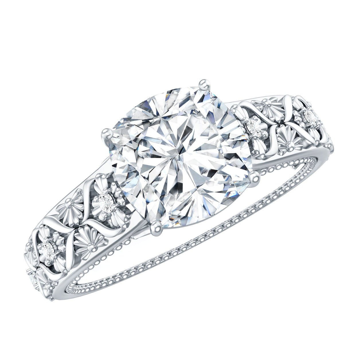 Cushion Cut Solitaire Zircon Gold Floral Engagement Ring
