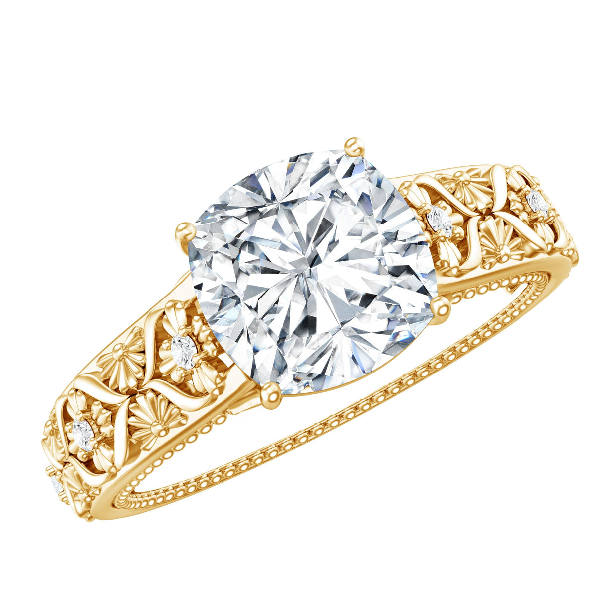 Cushion Cut Solitaire Zircon Gold Floral Engagement Ring
