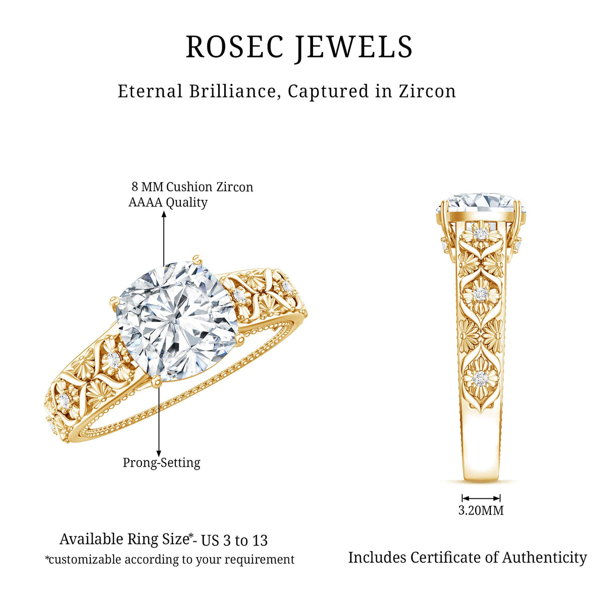 Cushion Cut Solitaire Zircon Gold Floral Engagement Ring