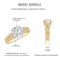 Cushion Cut Solitaire Zircon Gold Floral Engagement Ring