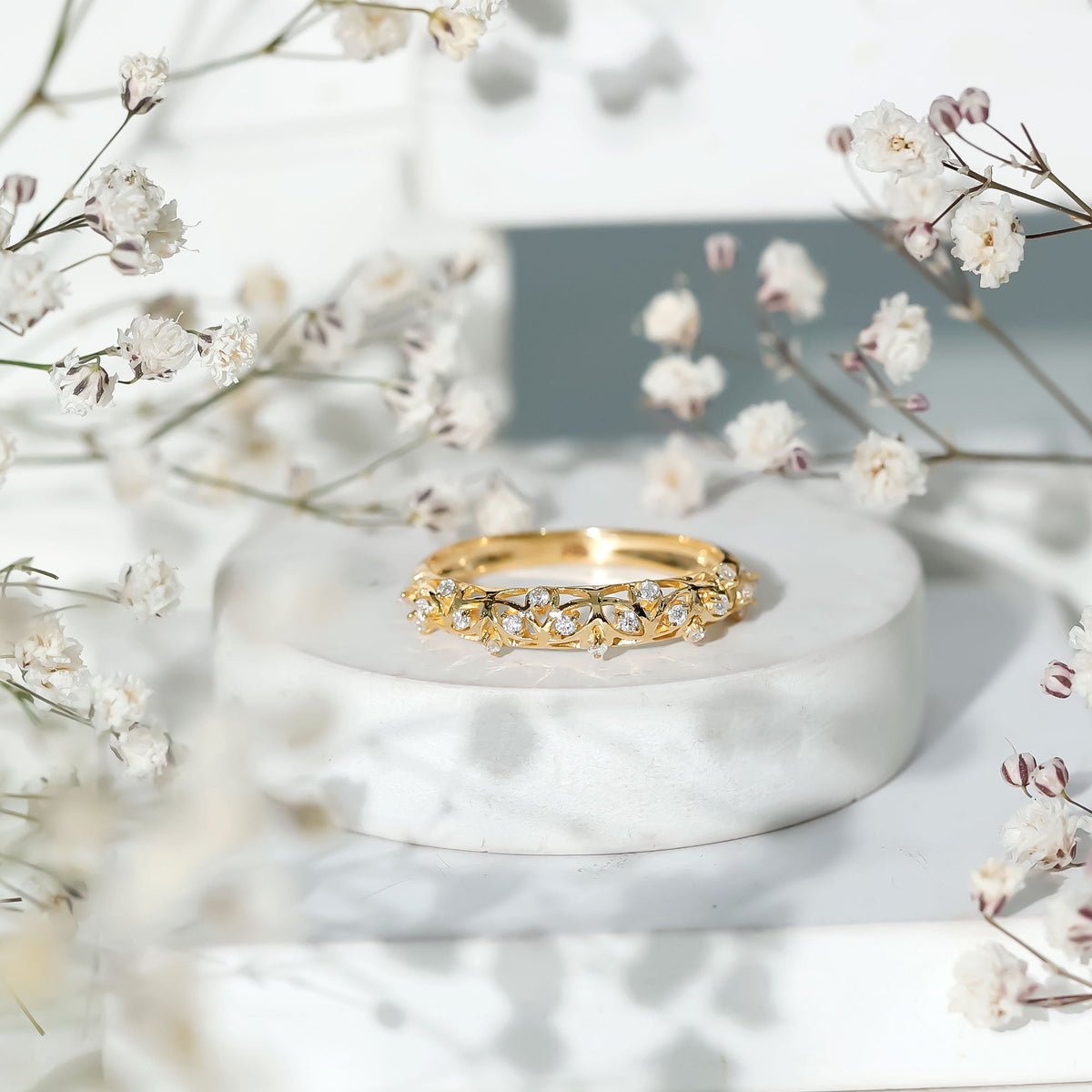 Round Zircon Semi Eternity Band with Filigree Details