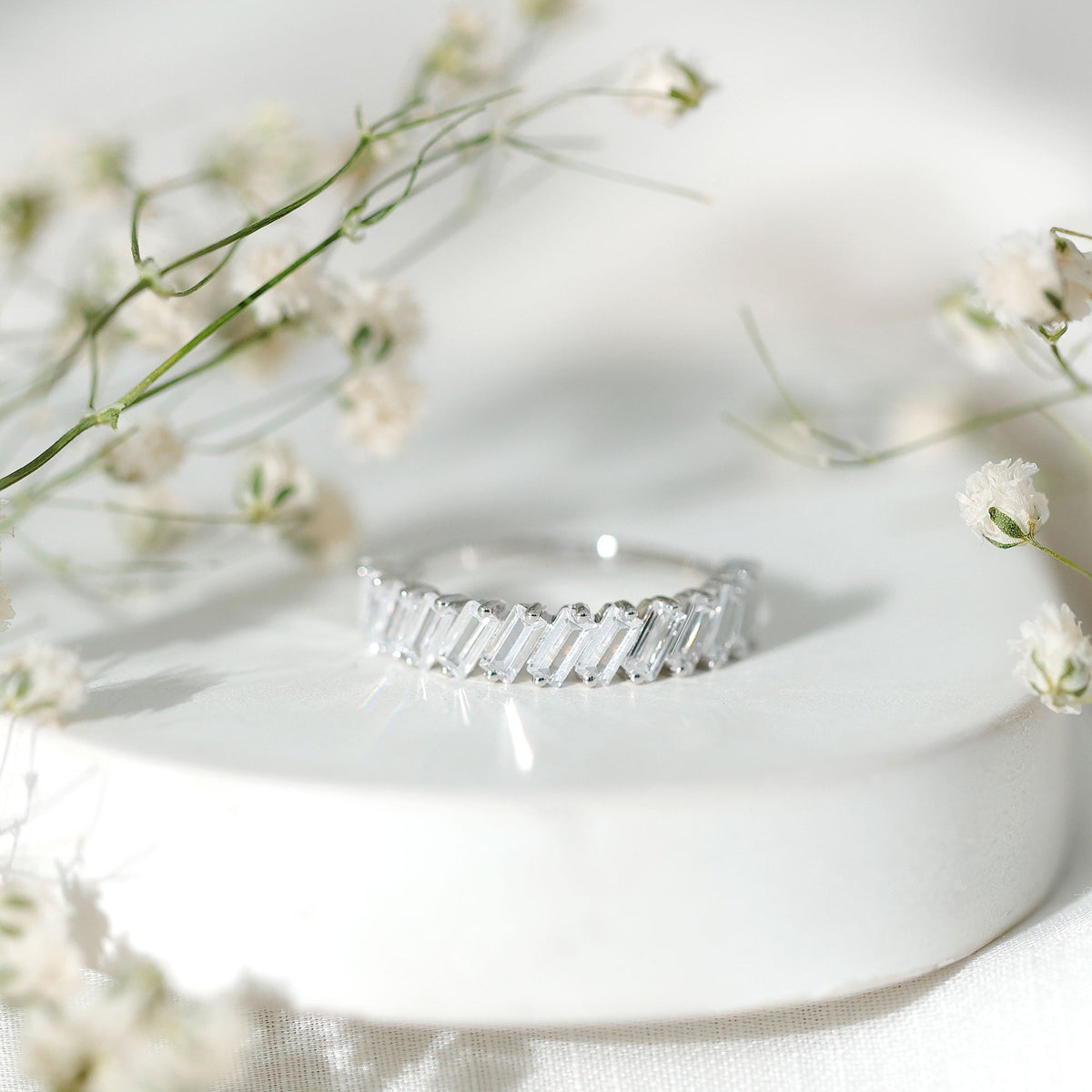 Tilted Baguette Cut Simulated Diamond Half Eternity Ring