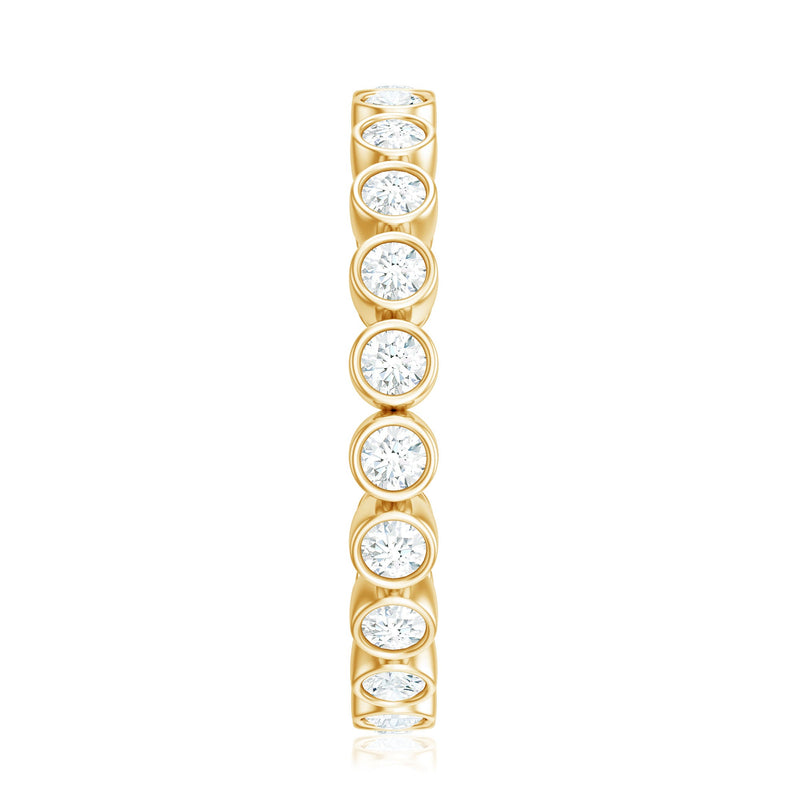 Rosec Jewels full eternity wedding band with bezel set moissanite, showcasing sparkling gemstones on a sleek gold ring.