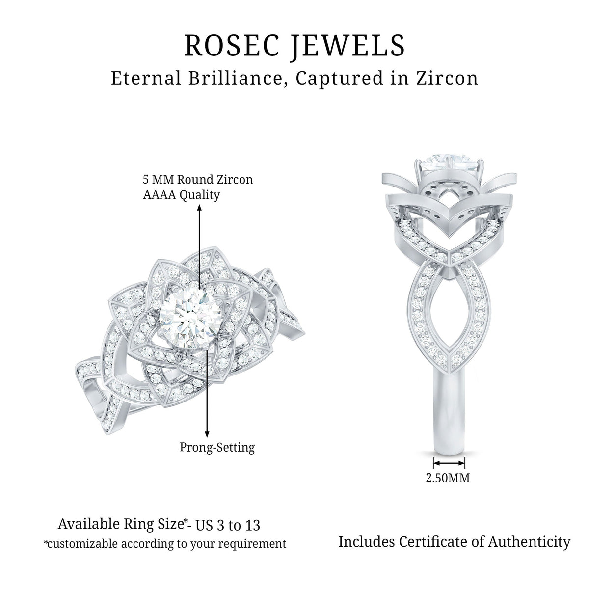Vintage Style Zircon Floral Engagement Ring with Split Shank