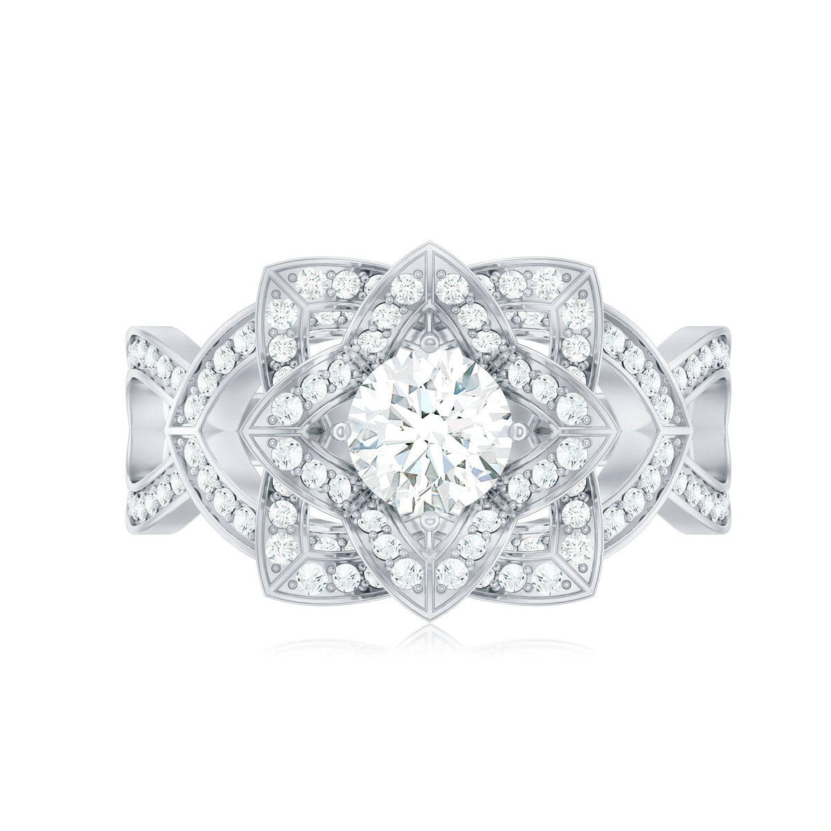 Vintage Style Zircon Floral Engagement Ring with Split Shank
