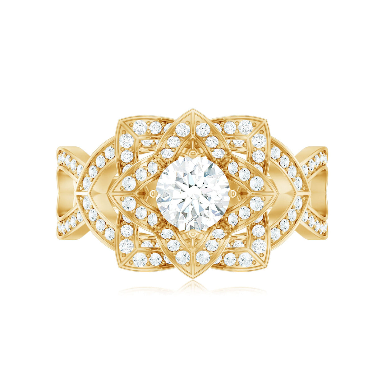 Vintage Style Zircon Floral Engagement Ring with Split Shank
