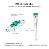 Certified Princess Cut Lab Grown Emerald 3 Stone Promise Ring with Diamond
