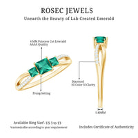 Certified Princess Cut Lab Grown Emerald 3 Stone Promise Ring with Diamond