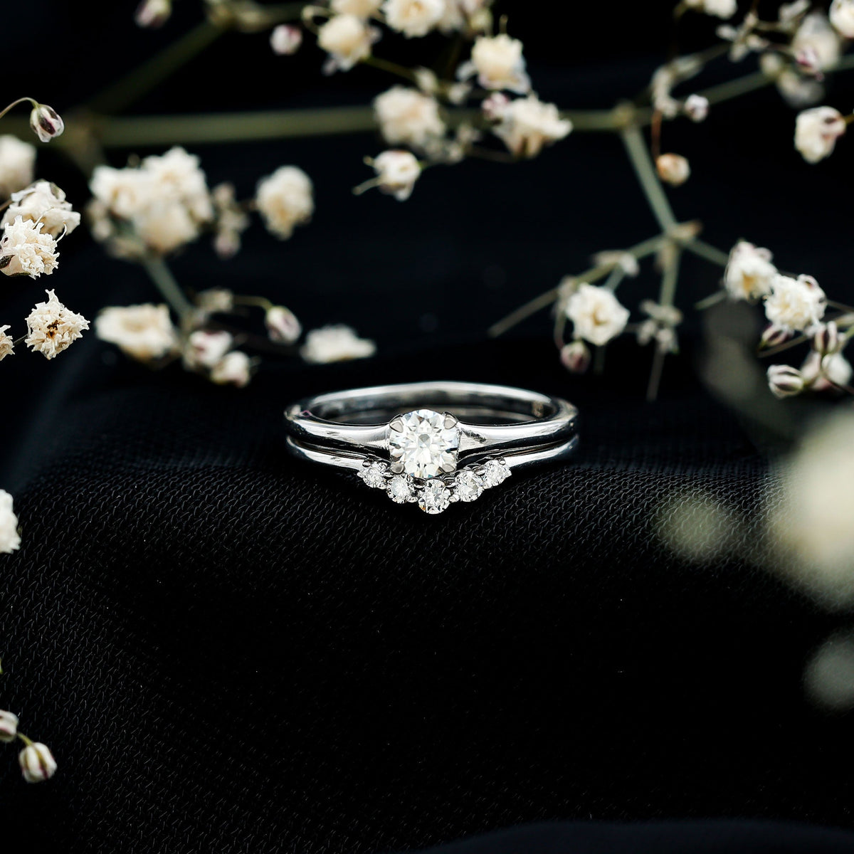 Round Cut Moissanite Engagement Ring with Wedding Band