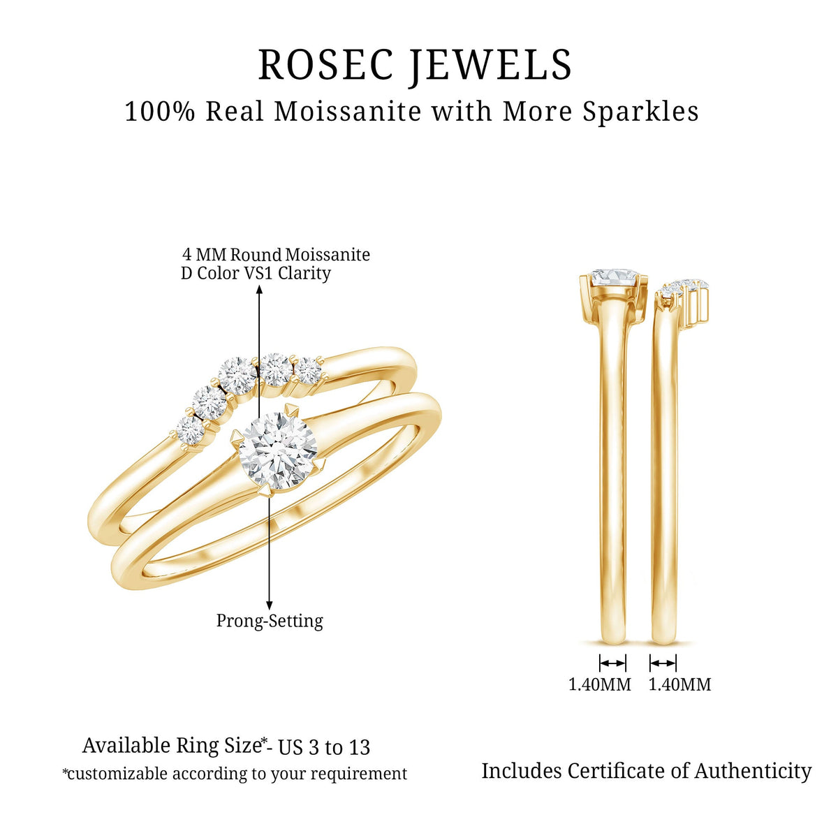 Round Cut Moissanite Engagement Ring with Wedding Band