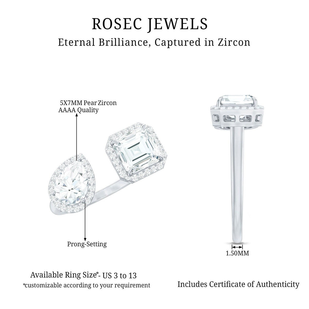 Certified Simulated Diamond Two Stone Cuff Engagement Ring