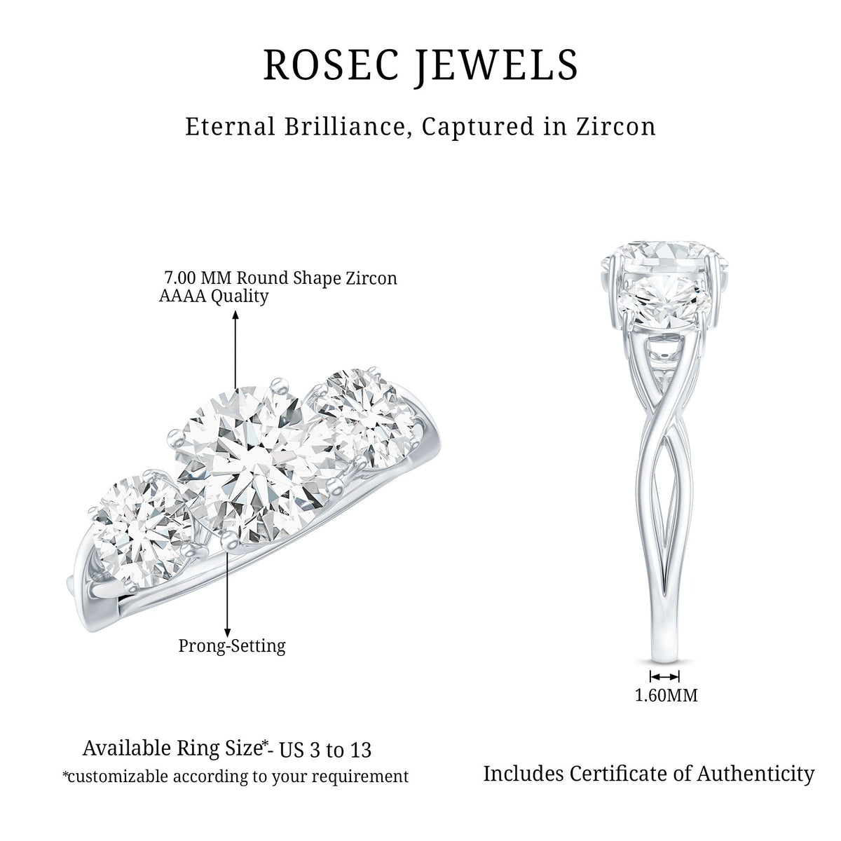 3 Stone Round Cubic Zirconia Crossover Engagement Ring