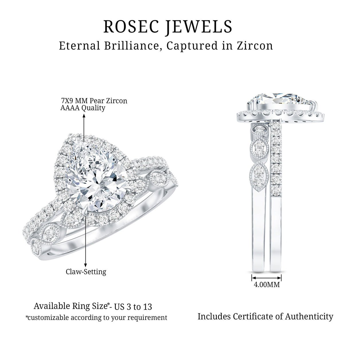 1.49 Carat Cubic Zirconia Teardrop Wedding Ring Set for Women