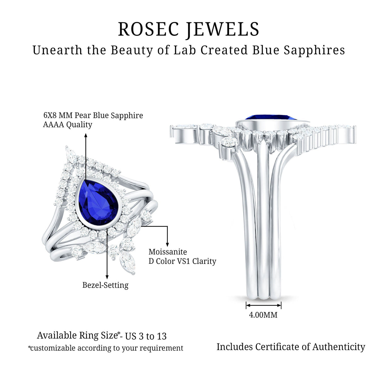 Vintage Looking Lab Grown Blue Sapphire 3 Piece Bridal Ring Set with Moissanite